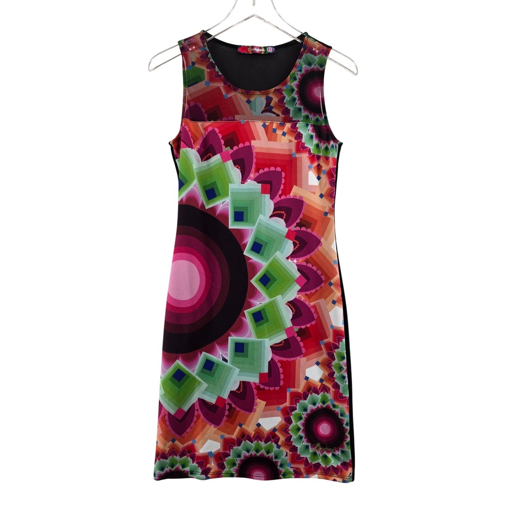 Desigual Womens Sleeveless Geometric Mandala Print Mesh Back Dress Dopamine S